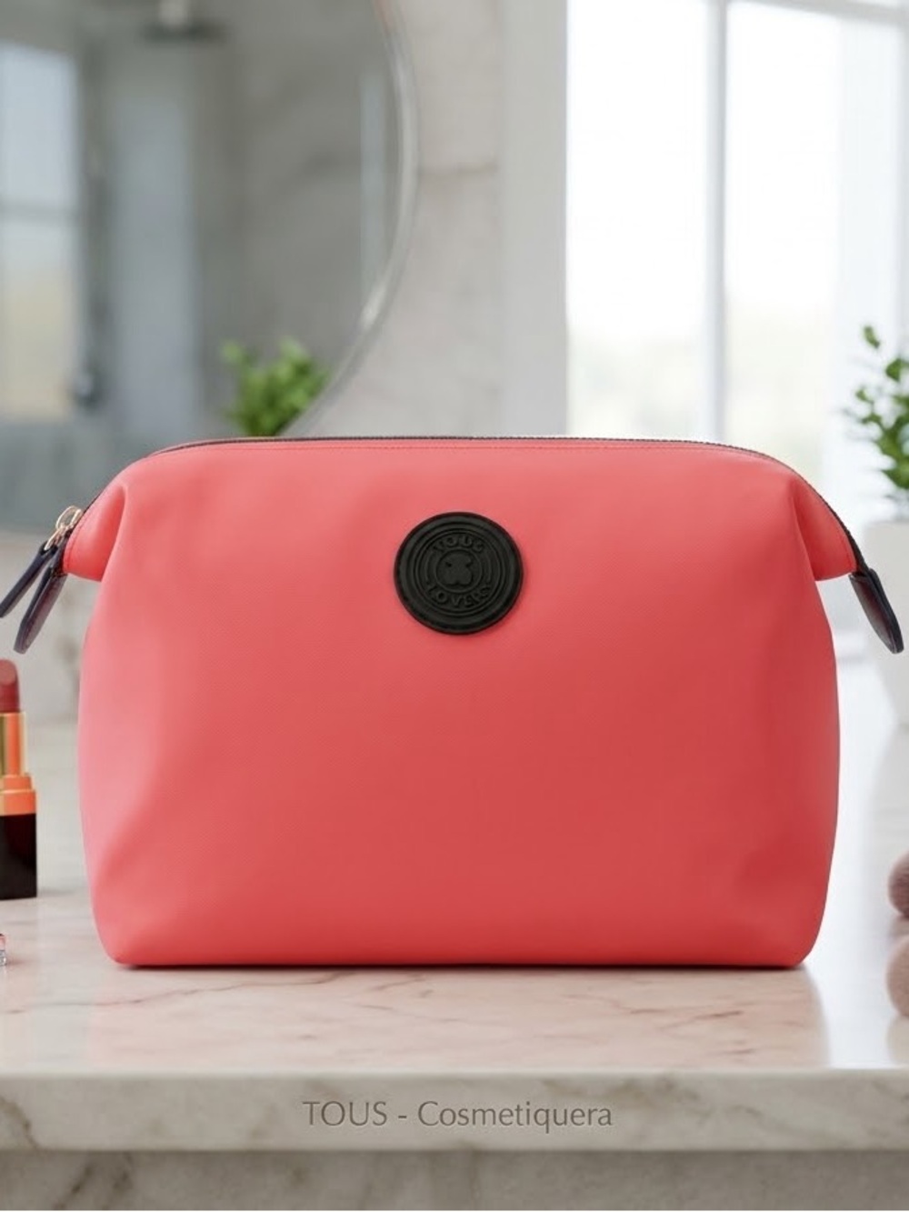 TOUS Coral-Pink Cosmetic Pouch with Logo Emblem